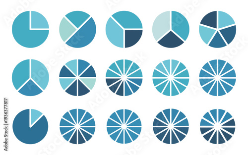 Pie Chart Set, circle section graphs divided into 1 to 12 parts, wheel diagram symbols, percentage ring charts, data visualization vector illustration, infographic elements.