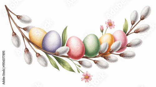 Colorful easter eggs and pussy willow branches with blooming flowers watercolor illustration spring floral arrangement