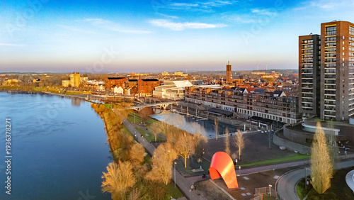 Venlo town marina and waterfront near Meuse river aerial drone view from above, Venlo bird’s view cityscape on sunny weather, Limburg, Netherlands