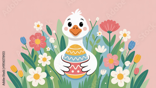 Easter Chick with Egg in Flower Garden: An adorable cartoon chick tenderly clutches a vibrantly decorated Easter egg amidst a colorful flower garden.