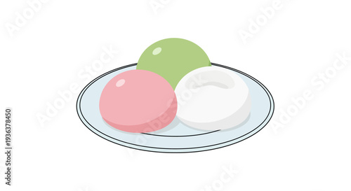 Japanese mochi dessert on a plate, pink, green, white