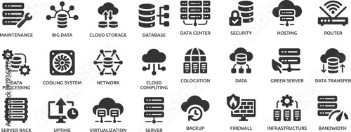 Data center icon set. Containing server, hosting, infrastructure, backup, cloud storage, server rack, virtualization, data processing and bandwidth.