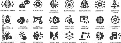 Artificial intelligence icon set. Containing machine learning, data science, AI, virtual assistant, generative AI, technology, Turing test and more