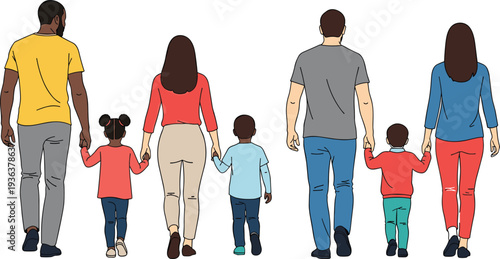 Rear view of diverse families with children holding hands walking together in flat vector style isolated on white background for architecture