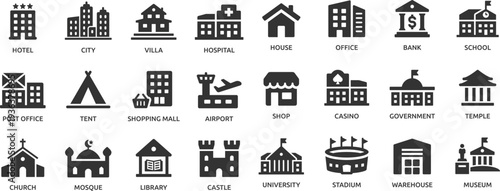 Building icon set. Containing house, office, bank, school, hotel, shop, university and hospital icons. Solid icon collection.