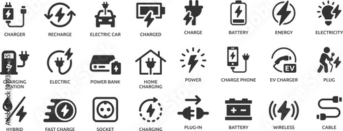 Charging icon set. Containing charge, battery, energy, electricity, charger, recharge, electric car and charging station icons.