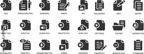 Files icon set. Containing document, notes, edit, write, folder, contract, add file, JPG and more. Solid vector