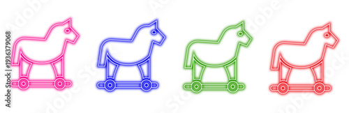 A set of colorful neon horse icons on wheels, representing a toy or trojan horse, with pink, blue, green, and red glowing outlines on a white background for design elements