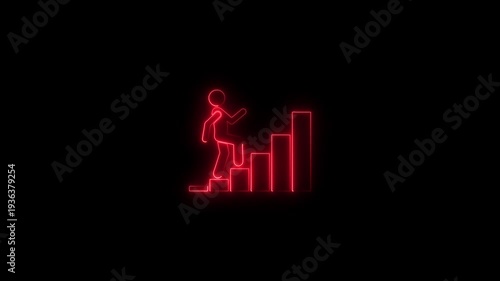 Neon Red Stick Figure Climbing Bar Graph Steps Success Growth Concept