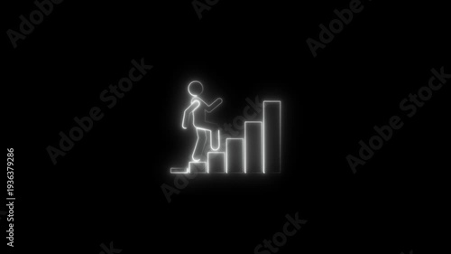 Neon stick figure climbing growth chart stairs success concept