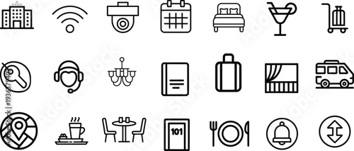 Hotel Services Line Icons Collection Hospitality Booking Room Amenities Travel set Editable stroke Vector Illustration