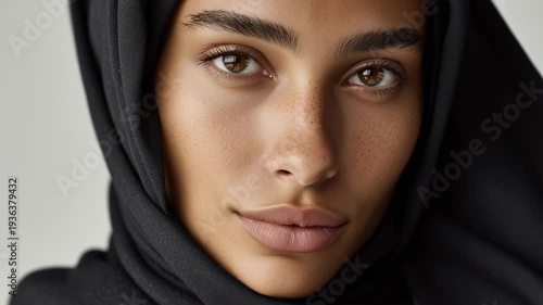 A young muslim woman elegantly poses in a soft indoor light, her expressive gaze and stylish hijab highlighting her natural beauty. The atmosphere blends fashion with grace