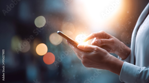 Person holding smartphone interacting with screen in city light