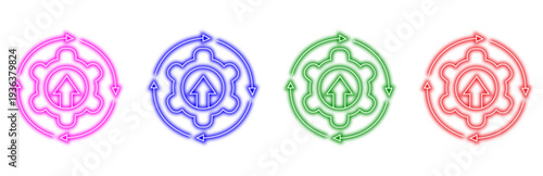 set of colorful neon icons depicting gears with upward arrows and circular arrows representing progress, system workflow, development, and technological advancement on a white background