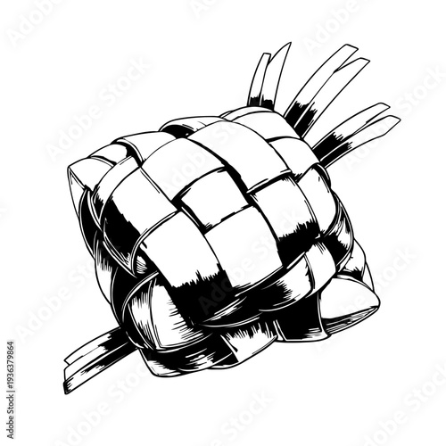 Artistic monochrome illustration of a traditional woven pouch, intricately crafted from natural fibers, symbolizing cultural festivities and handmade artistry, perfect for design elements