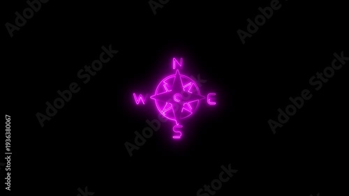 Neon compass rose navigation symbol purple glowing directional on black background directional purple glowing