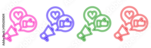set of colorful neon megaphone icons with speech bubbles containing heart and thumbs up symbols for social media marketing and communication concepts