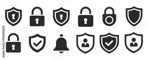 Security And Alarm Icons Vector, padlock and alert line symbols, emergency notification graphics, safety and protection vector illustration