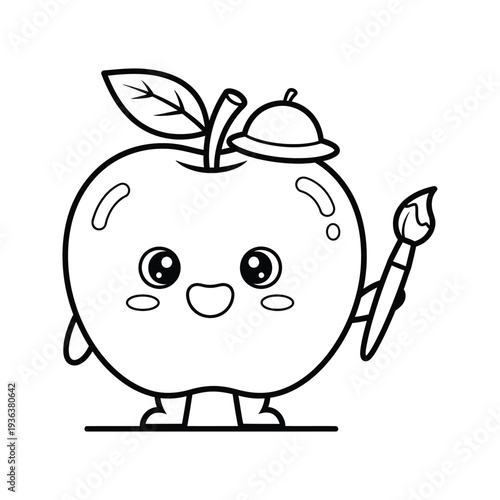 Cute kawaii apple character with a little hat and paintbrush, isolated on a transparent background, line art illustration perfect for children's books, coloring pages, and educational content.