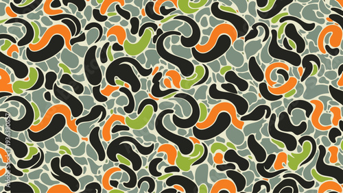 Abstract pattern of swirling shapes in orange, green, and black