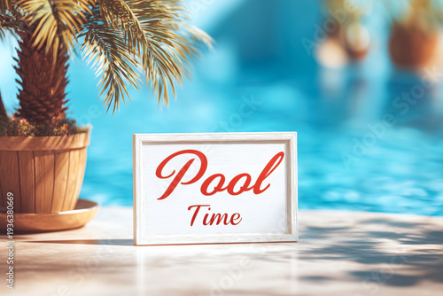 Pool Time sign on clean surface with palm tree by swimming pool