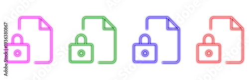A set of colorful neon icons representing a secure document or file with a lock symbol, signifying data protection and confidentiality