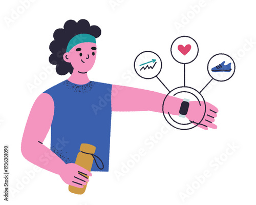 Sportswoman with fitness tracker on wrist. Flat vector illustration in cartoon style. Gadget with heart rate, graph and running workout. Woman character for health, training, active lifestyle theme