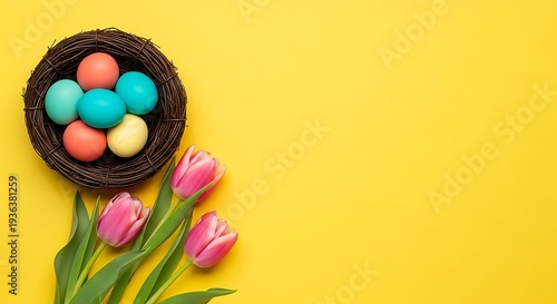Colorful Easter eggs nestled in a bird's nest surrounded by vibrant tulips on a sunny yellow background viewed from directly above