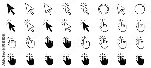 Cursor Icons Click And Hand, computer mouse arrow and pointing hand symbols, isolated click cursors, loading and interaction icons, UI and interface vector illustration.