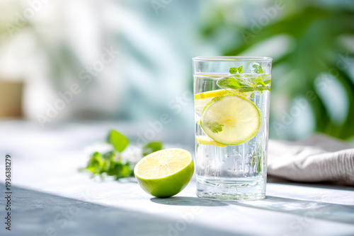 Refreshing morning hydration concept with glass of infused water and lime