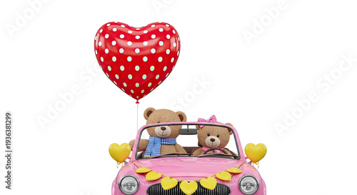 Two Teddy Bears in Pink Car with Heart Balloon