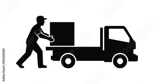 A black silhouette depicting a delivery worker pushing a box toward a van illustrating logistics and transport silhouette