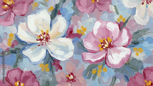 A vibrant painting of blossoming flowers in soft pastel shades.