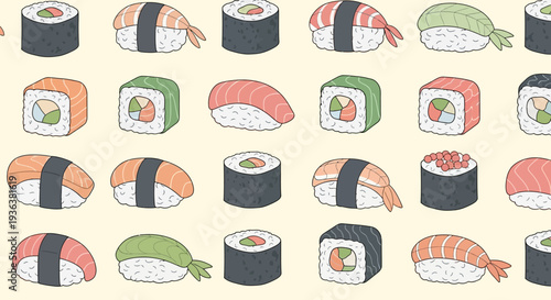 Assorted Sushi Rolls and Nigiri Pattern