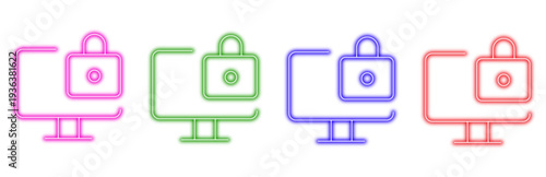 set of colorful neon computer icons with padlock symbol representing digital security and data protection concepts on a white background