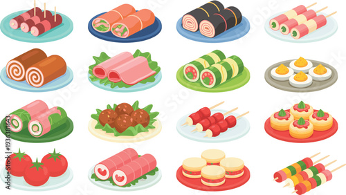 Japanese cuisine set with sushi rolls sashimi skewers tamagoyaki seafood snacks and appetizers flat food illustration collection isolated on white background