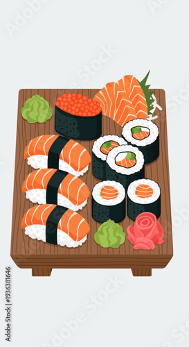 Assortment of Sushi and Sashimi on Wooden Platter
