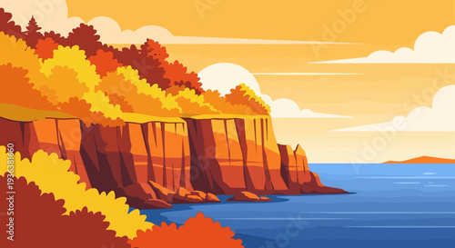 Autumn cliff landscape, ocean view, sunset