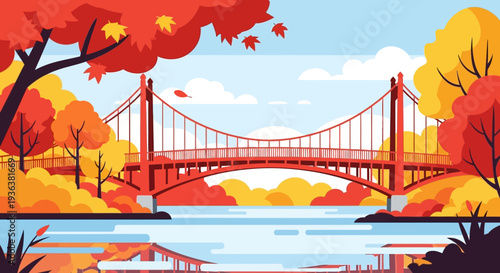 Autumn bridge over river, fall foliage, scenic landscape