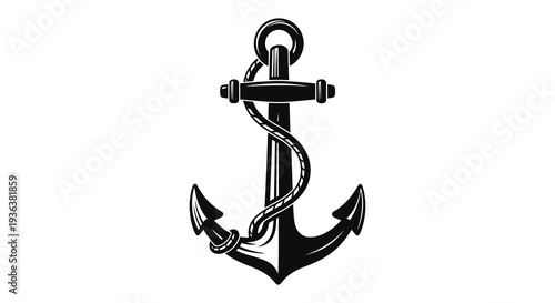 A detailed black and white illustration of a classic nautical anchor with rope a striking silhouette high quality