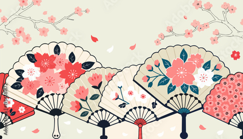 A colorful illustration of traditional Japanese fans with cherry blossoms