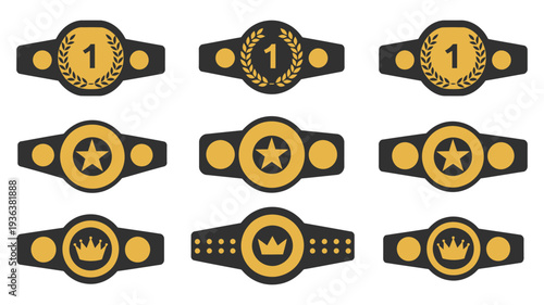 Gold And Black Championship Belts, combat sports winner belts, wrestling, boxing, MMA, martial arts trophy vector, victory award illustration, sports championship emblem design.