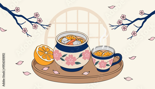 A vector graphic illustration of a floral tea set with a cup and teapot on a wooden tray surrounded by cherry blossoms and orange slices