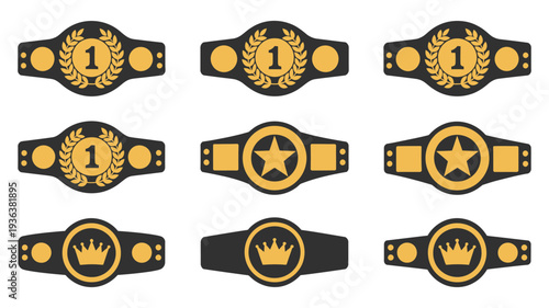 Gold And Black Championship Belts, combat sports winner belts, wrestling, boxing, MMA, martial arts trophy vector, victory award illustration, sports championship emblem design.