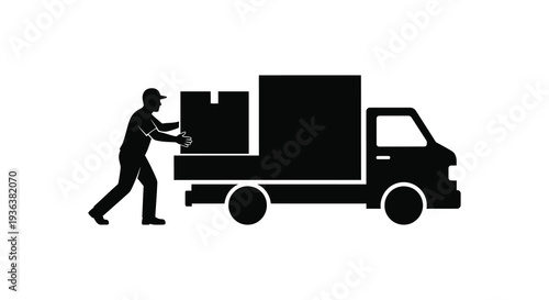 A minimalist depiction of a delivery worker pushing boxes toward a van rendered as a silhouette high quality