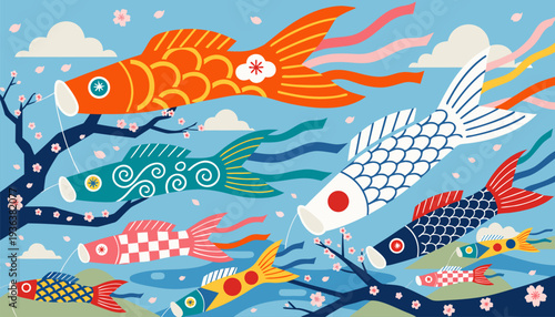 A colorful illustration of koi fish swimming in a serene environment with cherry blossoms and clouds