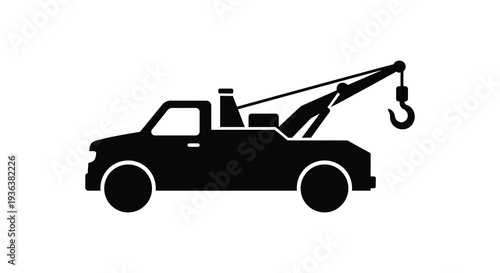 A stark black silhouette of a tow truck with a lifting hook roadside assistance vehicle silhouette high quality