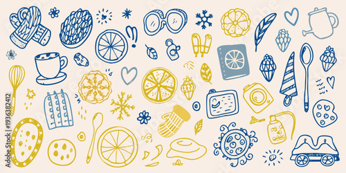 A colorful doodle collection featuring baked goods fruit and kitchen items