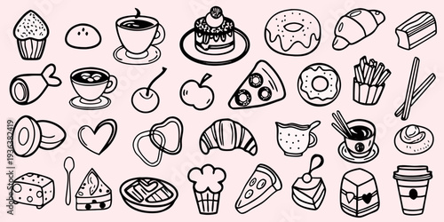 Collection of hand drawn food and dessert doodles in black and white