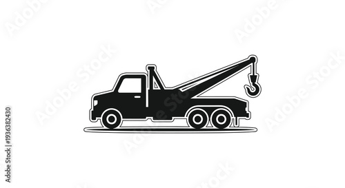 A stark black tow truck graphic with a raised boom and hook presented as a silhouette high quality